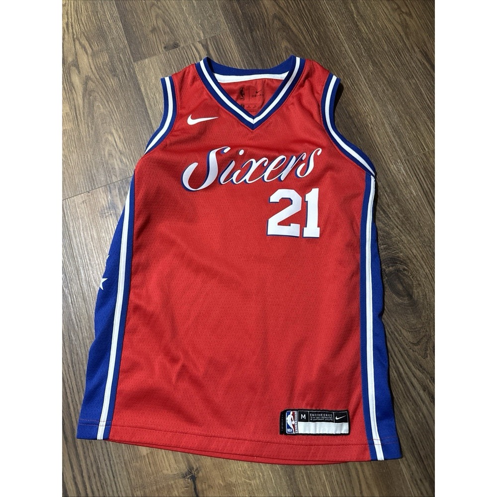 Joel Embiid Philadelphia 76ers Sixers Red City Ed. Used Size Medium Youth Jersey